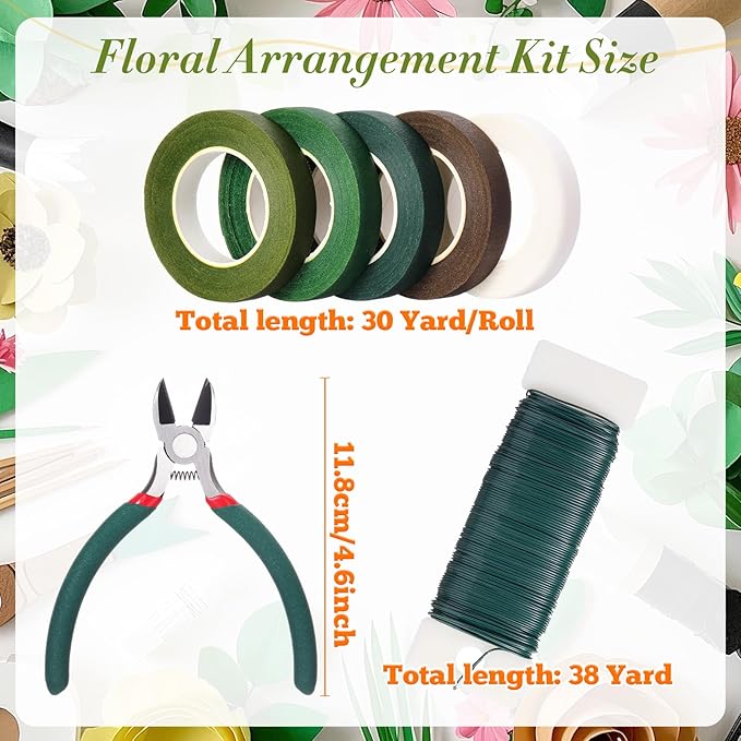 Blulu Floral Arrangement Kit, 13 Pcs Flower Arrangements Supplies Includes Gauge Paddle Wire, 18 20 22 24 26 Gauge Floral Wire Stems, Green Tape, Cutter Scissor, Bouquet Accessories for DIY Crafts