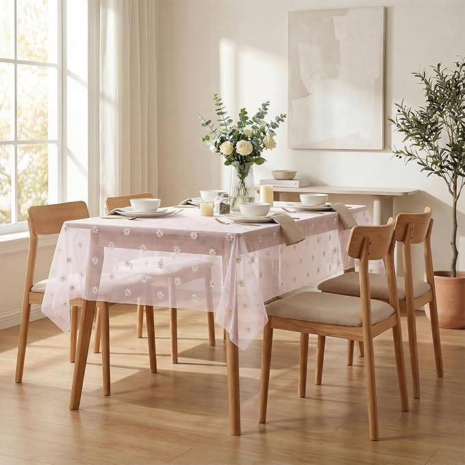 Horaldaily Pink Embroidery Daisy Spring Summer Gauze Tablecloth 52×70 Inch Rectangular, Seasonal Tulle Table Cover, Garden Party Decorations for Wedding, Party, Holiday Dining