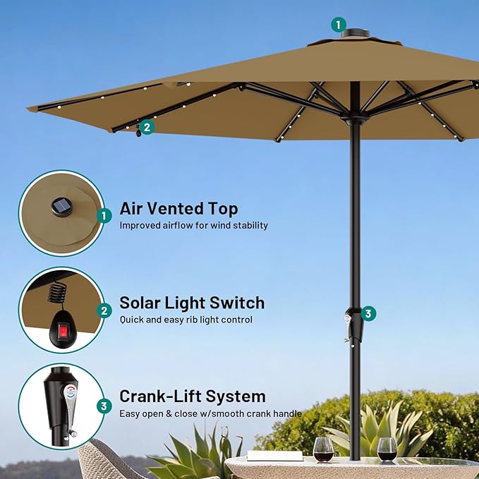 AreShark 11FT Large Patio Umbrella with Solar Lights, Lighted Solar Umbrella with Crank, Outdoor Table Market Umbrellas for Garden, Deck, Backyard, Pool and Beach, Khaki