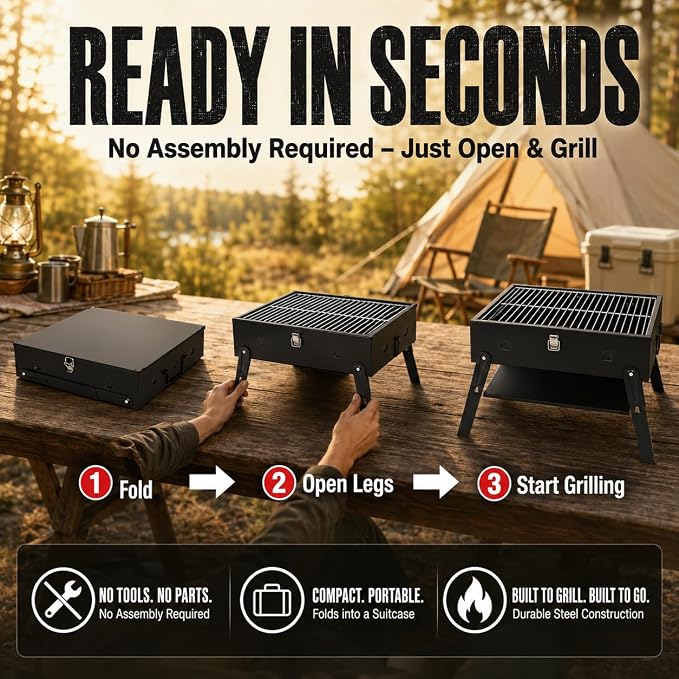 Portable BBQ Charcoal Camping Grill: Tabletop Folding Barbecue Grills for Outdoor Cooking, Beach, Travel, Tailgates, Fathers Day Birthday Grilling Gift for Men Dad Husband
