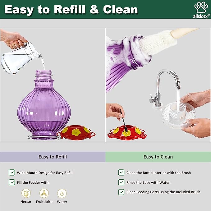 Glass Hummingbird Feeder for Outdoors Hanging, 38 oz Nectar Capacity, 6 Feeding Ports, Leak-Proof Rust-Free Plastic Base, Easy to Refill & Clean, Decorative Purple Glass Bird Feeder for Garden Patio
