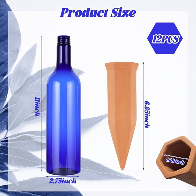 TINSKY 6 Sets Plant Watering Devices Terracotta Self Watering Spikes and 26 Oz Plastic Blue Bottles Slow Release Vacation Plant Waterer Automatic Planter Insert for Indoor Outdoor Plants
