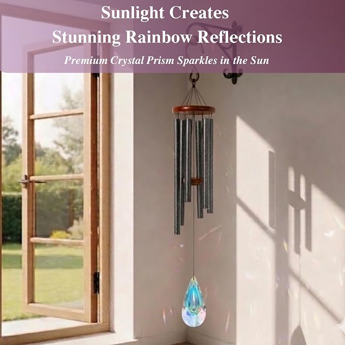 2in1 Design Luxury Beautiful Wind Chimes & Suncatcher, Deep Tone Wind Chime with Sun Catcher Prism for Window Patio Decor Crystal Wind Chimes for Outside Garden Gifts Women Gifts Unisex 32"