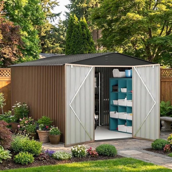 10x10 ft Metal Storage Shed, Outdoor Garden Tool Sheds with Sturdy Frame Structure, Large Metal Storage Shed with Lockable Door for Garden, Lawn, Backyard, Brown