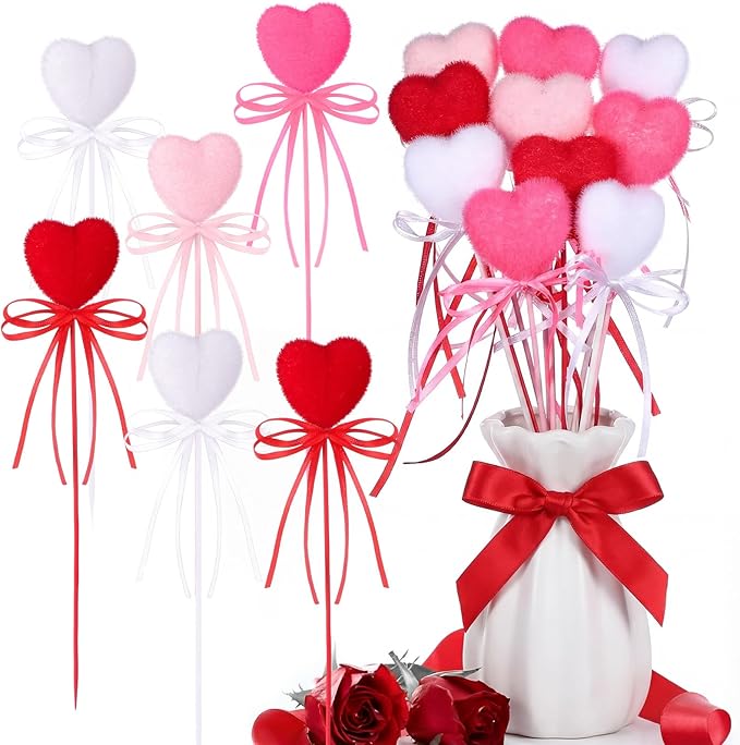 60 Pcs Valentine's Day Heart Picks Red Pink Foam Picks Valentine Heart Puffy Sticks for Tree Flower Arrangements Bouquet Wedding Table Centerpiece Vase Filler Home Decorations