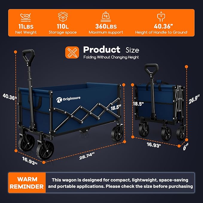 Originsure Collapsible Wagon Cart Foldable - Lightweight Portable Heavy Duty Folding Beach Wagons with Wheels - Outdoor Utility Carts for Grocery, Camping, Shopping, Sports with Large Capacity - Blue