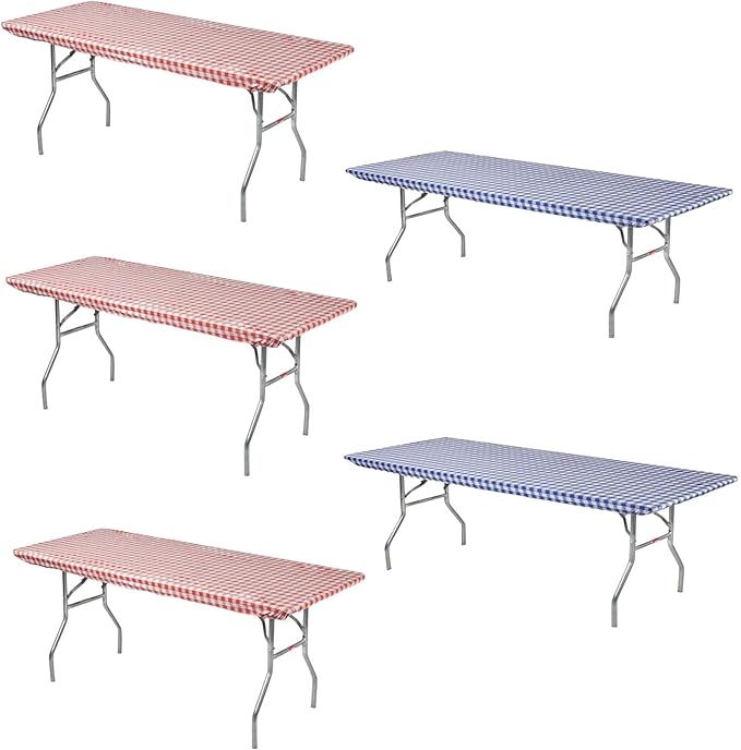 Kwik-Covers 6' Rectangle Plastic Table Covers 30" x 72", Bundle of 5 (Red & Blue Gingham)