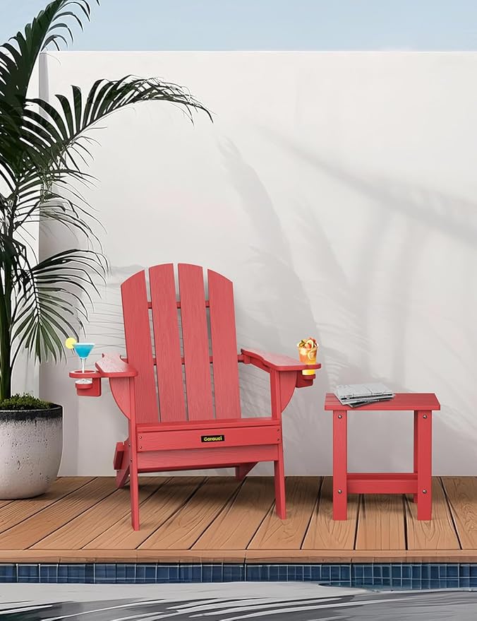 Folding Adirondack Chair, Wooden Textured Plastic Adirondack Chairs with 2 Cup Holder, Weather Resistant HDPE Fire Pit Chair, Outdoor Patio Chairs for Garden, Backyard, Lawn, Deck, 380LBS, Red