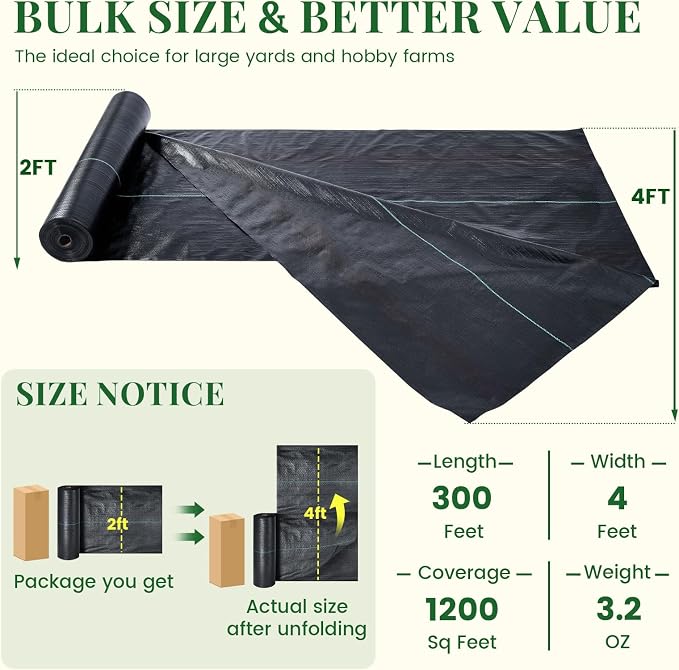 KING BIRD 4FTx300FT Weed Barrier Landscape Fabric, 3.2oz Heavy Duty Woven Ground Cover Geotextile Fabric for Flower Garden Bed, Driveway, Pathway, Gravel & Yard Weed Control Mat