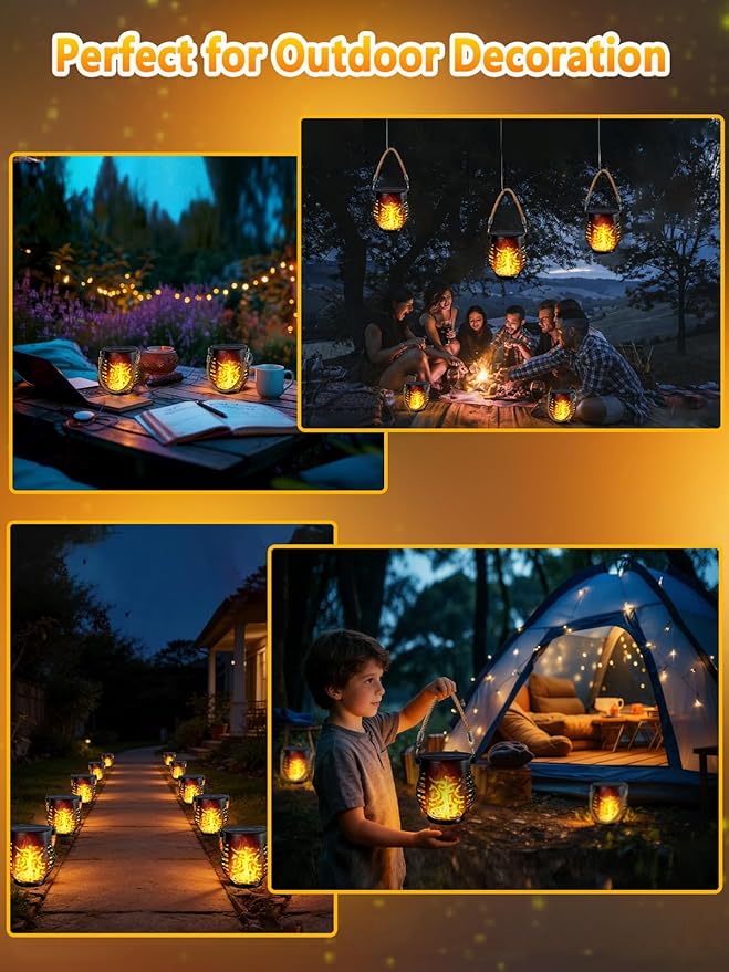 2 Pack Solar Lights Outdoor Waterproof, Solar Lantern with Realistic Flickering Flame, Auto On/Off Solar Powered Garden Light with Hemp Rope Handle for Outside Camp Tree Patio Porch Tabletop Decor