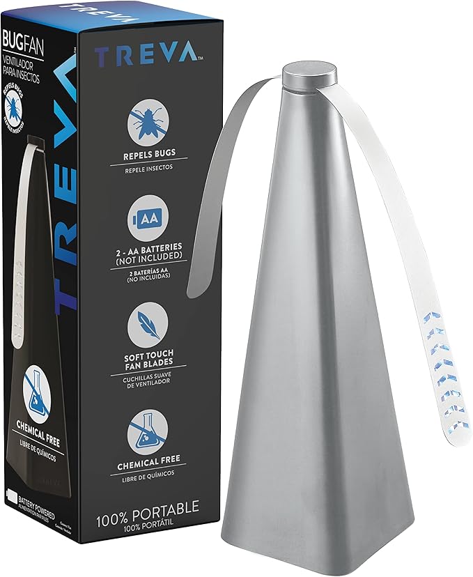 Treva Chemical Free Bug Fan, Fly Deterrent with Holographic Blades to Clear Bugs, Mosquitoes, and Flies, Battery Powered Fly Fan, Silver (4 Pack)