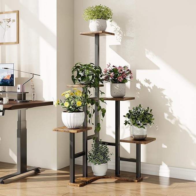 Yzosvki Corner Plant Stand Indoor with Grow Lights, 6 Tiered Corner Plant Shelf Flower Stand for Multiple Plants, Plant Shelves Organizer Rack for Living Room, Balcony, Patio, Square Rustic Brown