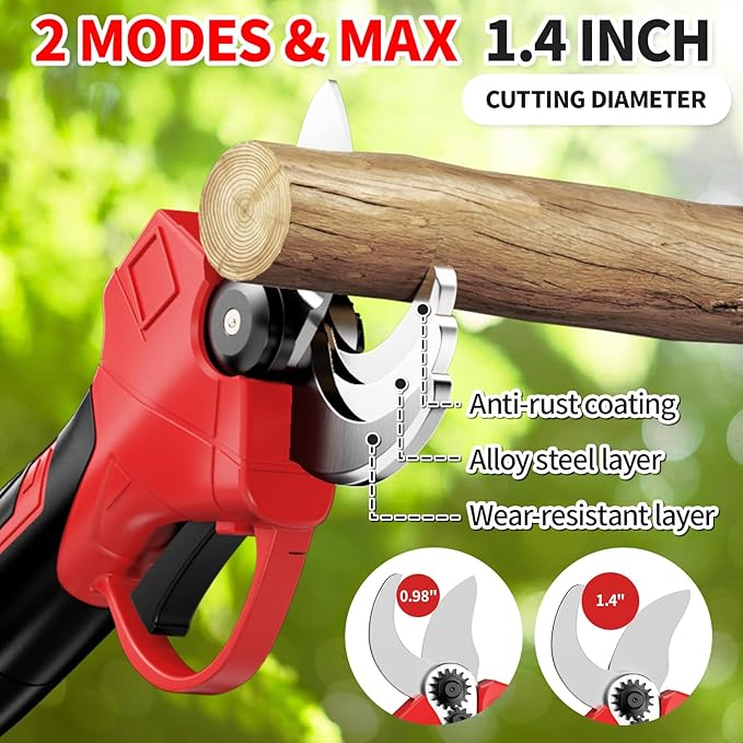 FULLYEA Electric Pruning Shears, 1.4" Cutting Diameter Electric Pruner with LCD Display＆2Pcs 2.0Ah Rechargeable Battery, Brushless Motor Cordless Pruning Shears for Tree Trimming Branch Cutter