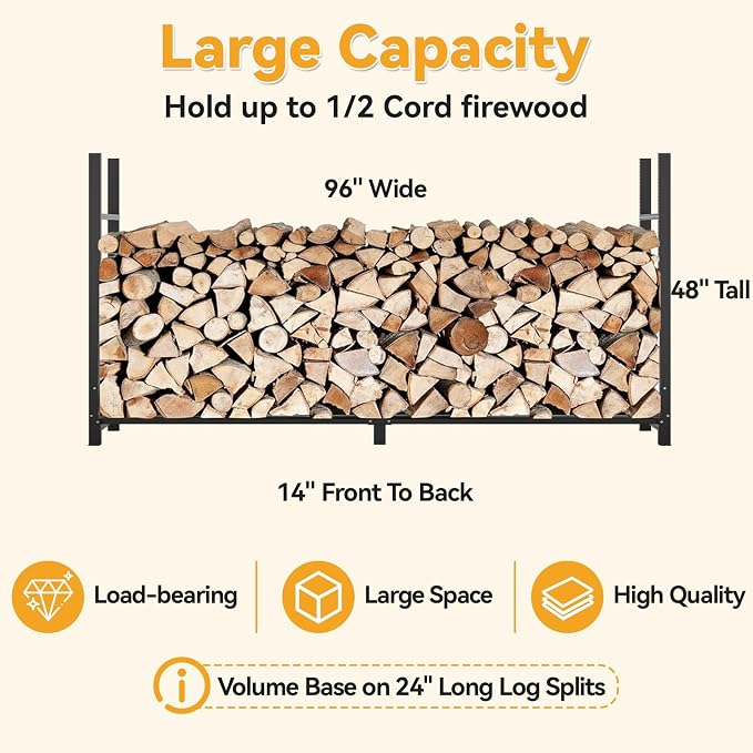 Heavy Duty 8ft Firewood Rack with Cover Outdoor, 1/2 Cord Capacity Log Holder Sturdy Steel Construction, All-Weather Black Powder Coat Wood Storage Organizer for Indoor&Outdoor Use, Black