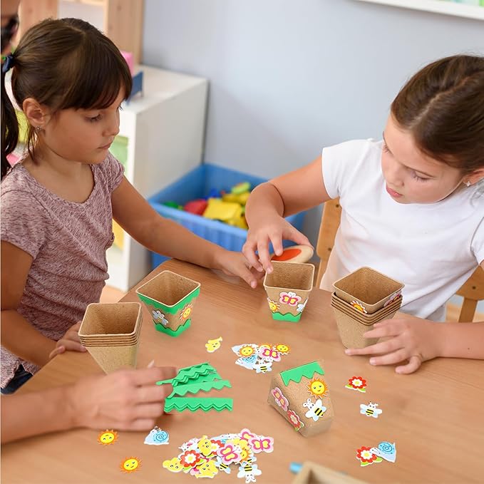 Ayfjovs Garden Paper Pot Craft Kit,15 Pack Square Paper Peat Pots with 105 PCS Adhesive Foam Stickers for Kids Science, Pre-School Craft, DIY Garden Kit, Classroom Decoration, Mother's Day