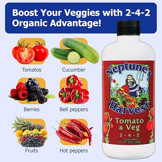 Neptune’s Harvest Organic Tomato & Vegetable Plant Fertilizer (2-4-2) - Liquid Plant Food w/Fresh Fish, Seaweed, Molasses, Yucca Extract, & Humic Acids - for Vegetable Garden (Quart (Single))