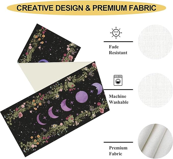 Boho Floral Table Runner, Spring Gothic Wild Flower Purple Moon Phase Star Seasonal Mystical Coffee Table Center Decor for Family Holiday Party Kitchen Outdoor Farmhouse Table Decorations, 13"x72"