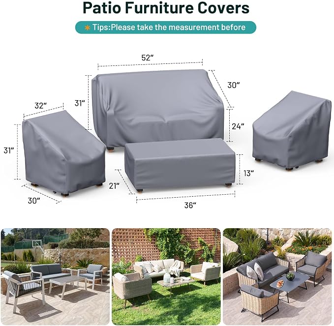 Mrrihand Patio Furniture Covers, 4 Piece Outdoor Furniture Covers Waterproof includ Ourdoor Sofa Cover, 2 Chair Covers, Coffee Table Cover with Windproof Buckle Strap and Adjustable Drawstring-Grey