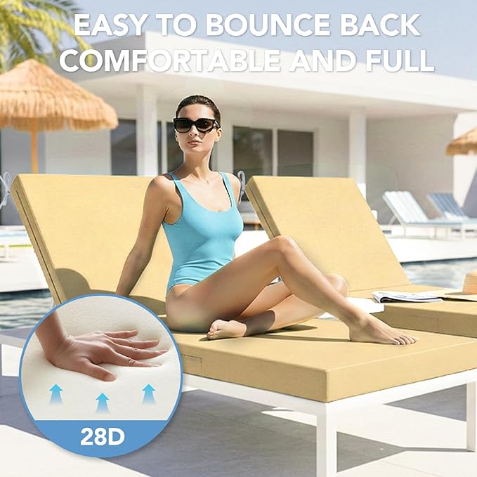 L'AGRATY Outdoor Lounge Chaise Cushion: 72x21x3 Inch Waterproof Lounge Chair Cushion for Outdoor Furniture with Fade Resistant Removable Cover - Patio Cushions for Pool Lawn Deck(Khaki 1Pack)