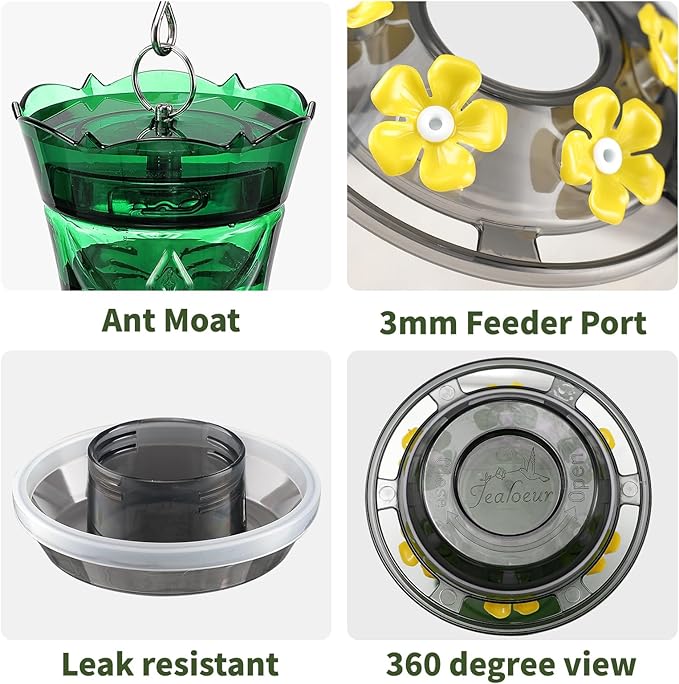 Jealoeur Hummingbird Feeder for Outdoors Hanging, 18 OZ Humming Birds Feeders with 6 Bee Guard Feeding Ports & Built-in Ant Moat, Easy to Clean, Durable Outdoor Garden Decor (Green 1 Pack)