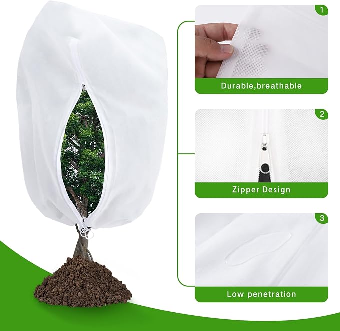 Garutom 2-Pack Plant Covers Freeze Protection 78" x 89" 2.2 oz, Large Size Bag Frost Cloth Plants Jacket Drawstring and Zipper Tree Cover for Outdoor Plants, Shrub Potted Plants Winter