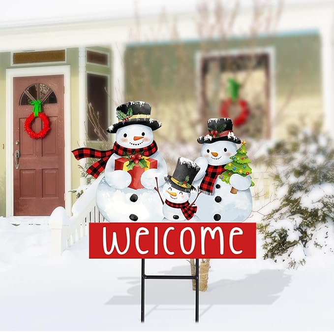 Whaline Christmas Metal Garden Stake Welcome Yard Sign Watercolor Snowman Family Decorative Lawn Sign for Winter Xmas Holiday Home Outside Lawn Porch Walkway Decor