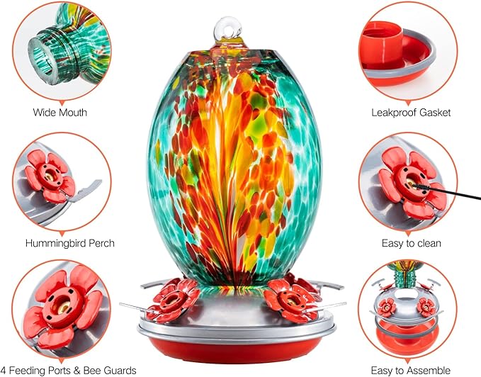 Muse Garden Glass Humming Bird Feeders for Outdoors - 27OZ Blown Glass Hummingbird Feeder - Unique Gift Mom Women, Outdoors Hanging Garden Decor, Includes Ant Moat & Brush, Emerald Peacock