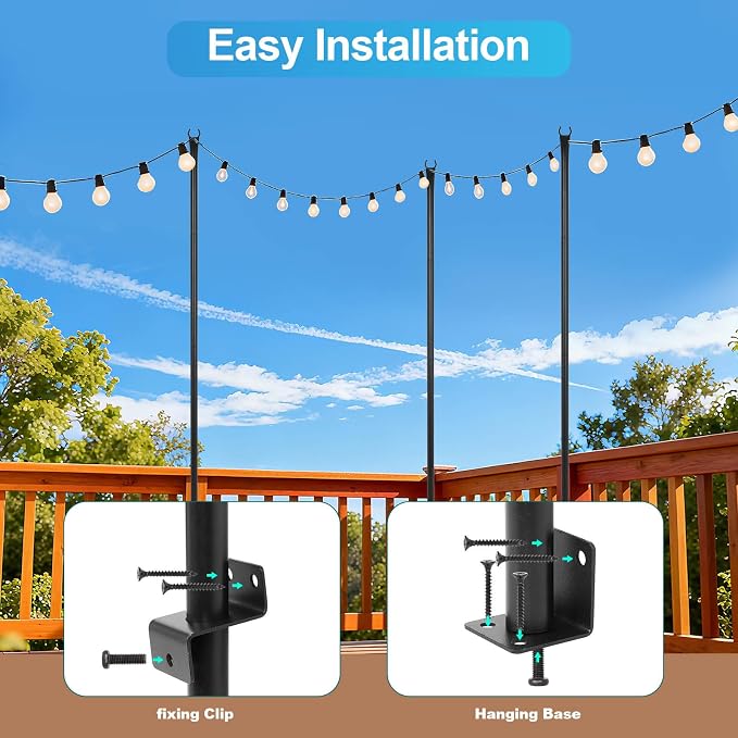 FAHKNS 10 Pack 5FT String Light Poles for Deck, Outdoor Metal Deck Light Poles with Fixing Clips, Hanging Light Poles for Patio Garden Yard Fence Porch Decor