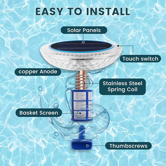 Pool Ionizer Solar with LED Light Plus,Copper Ionization,Floating Automatic Water Cleaner and Purifier,Up to 45,000 Gal,85% Less Chlorine,Chlorine Free Water
