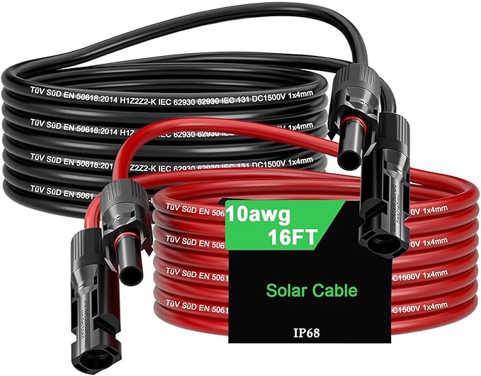 16Ft Solar Panels Extension Cables, 6mm² PV Cable with Male and Female Connectors, IP68 Waterproof, 10AWG Solar Wire