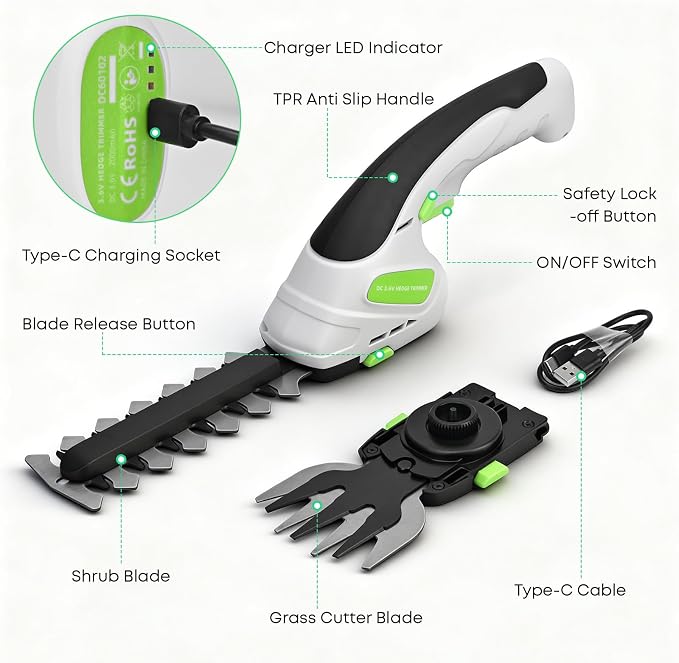 2-in-1 Cordless Hedge Trimmer, Handheld Hedge Trimmer & Cordless Grass Shear with 2.0Ah Rechargeable Battery and Type-C Cable – Electric Grass Trimmer for Garden, Yard, and Lawn