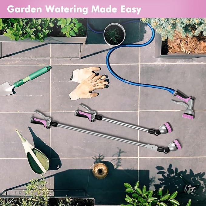 RESTMO 36”-60” Metal Watering Wand, Long Telescopic Tube | 180° Adjustable Ratcheting Head | 7 Spray Patterns | Flow Control, Perfect Garden Hose Sprayer to Water Hanging Baskets, Shrubs, Pink