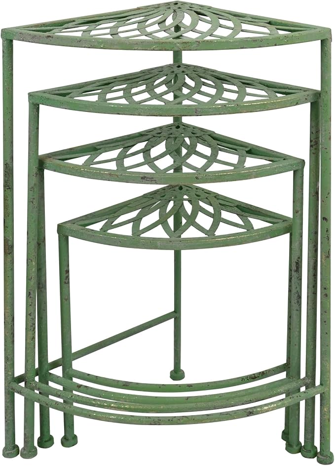 Rustic 4 - Tier Metal Plant Stand - Foldable Distressed Green Corner Plant Rack, Vintage Flower Pot Holder Shelves for Patio Porch Garden Balcony Living Room Use, Indoor/Outdoor Home Decor (Green)