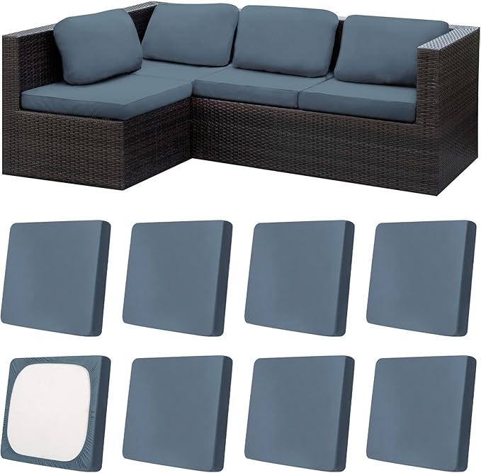 8Pcs Patio Cushion Covers,Outdoor Cushions Covers,Stretch Cushion Covers Replacement, Washable and Reusable Furniture Protectors(Grey Blue)