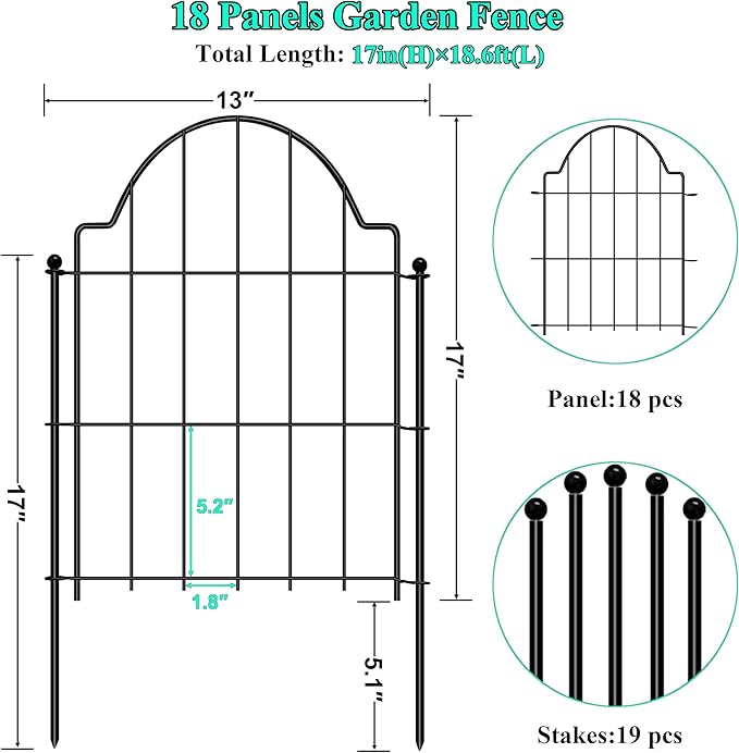Decorative Garden Fences 17in x 18.6ft, 18 Pack Outdoor Fencing Animal Barrier Dog Border, Metal Wire Fence Panels for Garden Decor, Flower Bed Edging Borders for No Dig Patio Yard