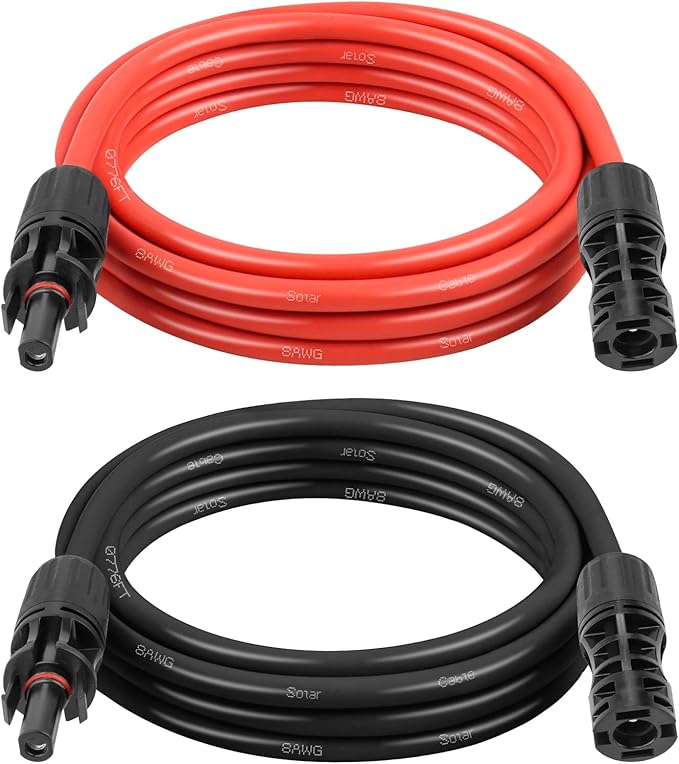 Solar Panel Extension Cable - 8AWG 5FT Solar Wire with Female & Male Waterproof Connector PV Wire for RV, Photovoltaic Systems, Home, Boat, Solar Panels, Car(5 Feet Red + 5 Feet Black)