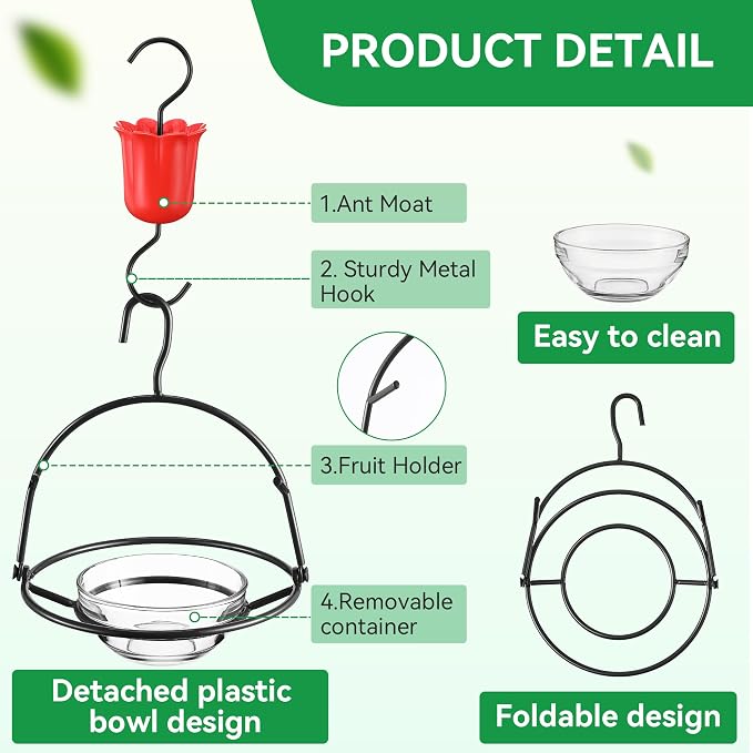 2 Pack Metal Oriole Feeders for Outdoors Hanging with Ant Moat and Fruit Holder, Oriole Feeder with Glass Bowl, Easy to Disassemble and Wash, Bird Feeder for Garden, Outdoor, Gift(Black)