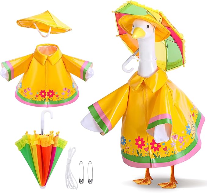 DECOHS 3 Pcs/Set Raincoat Porch Goose Outfits, Summer Lawn Goose Statue Raincoat Costume, Yard Goose Clothes Raincoats Umbrella Hat Outfit for 23" Statue Patio Garden Decoration (Yellow)
