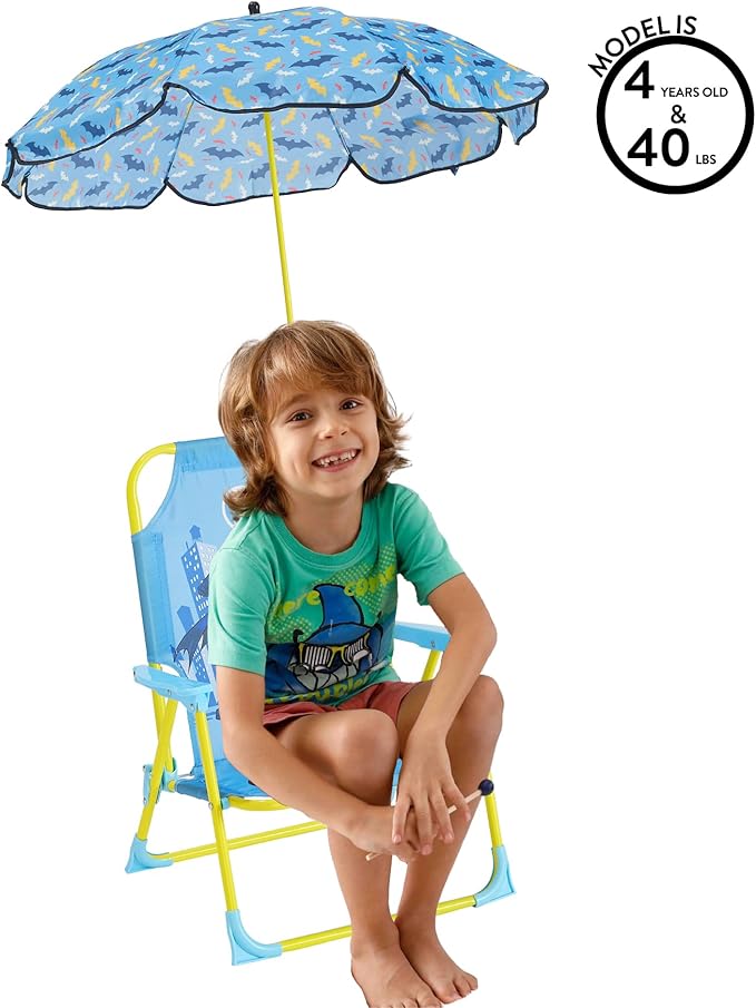 Batman Kids Outdoor Folding Beach Chair with Umbrella,Portable Camp Chair for Ages 3+, Lightweight & Compact for Beach, Camping, and Backyard