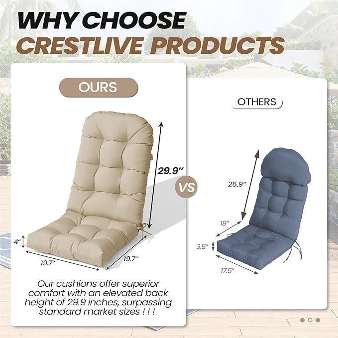Crestlive Products Sunbrella Adirondack Chair Cushion Outdoor Chair Cushions Water Resistant 50x20x4 Inch High Back Patio Cushions Set of 2 Thick Replacement Cushions Antique Beige