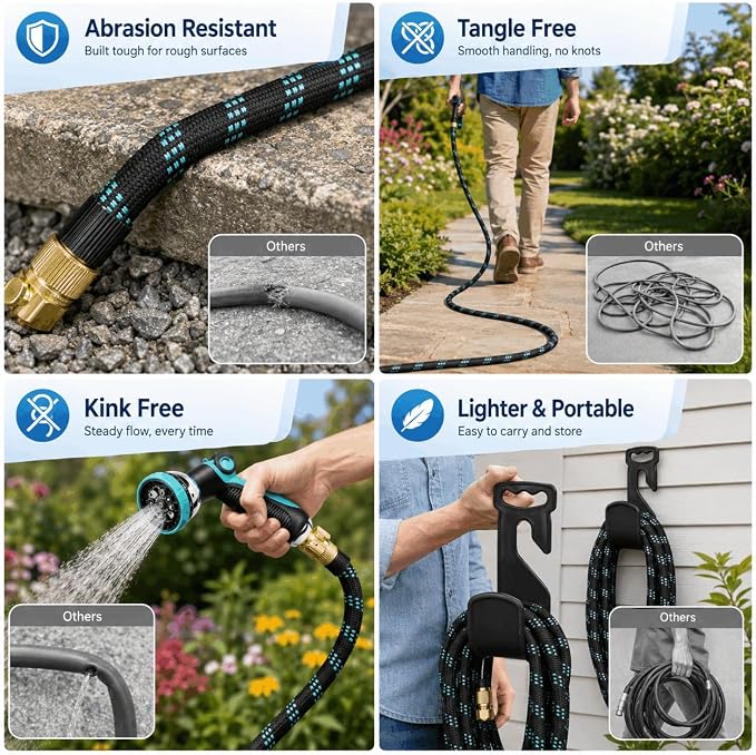 50ft Heavy Duty Garden Hose with Alloy Nozzle & Solid Brass Connectors – Lightweight, No-Kink Flexible Water Hose, 96-Spindle High-Density Weave, 12 Bar Non-Expandable TPE Core for Patio & Lawn