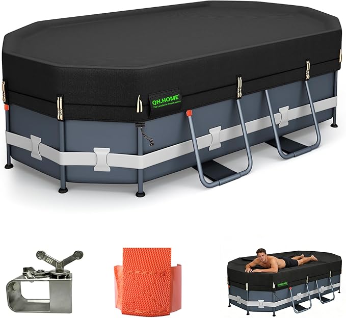 QH.HOME 550D 12x24 Ft Oval Pool Cover [Upgraded Tear Resistant & Quadruple Windpoof] wth Pre-Installed Patented Winch and Rope,Pool Covers for Above Ground Pools Oval-Snug Fit & Waterproof Protection