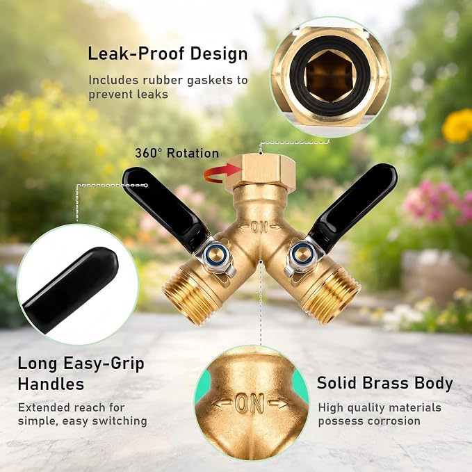 Dalmbox Garden Hose Splitter 2 Way, Brass Y Hose Connector With Long Handle Shut Off Valves, 3/4" GHT Heavy Duty Outdoor Faucet Adapter, Water spigot Splitter for Garden Watering, Lawn, Car Wash