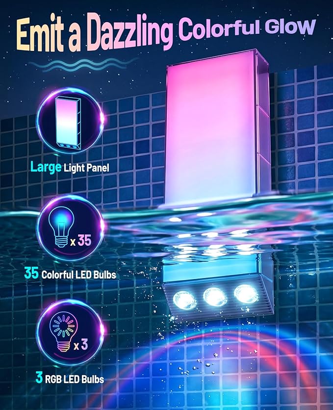 Solar Pool Lights for Inground & Above Ground Pools, 38 LED Magnetic Underwater Submersible Lights with Remote & Timer, IP68 Waterproof Solar Powered Pool Light, 30+ Color Modes
