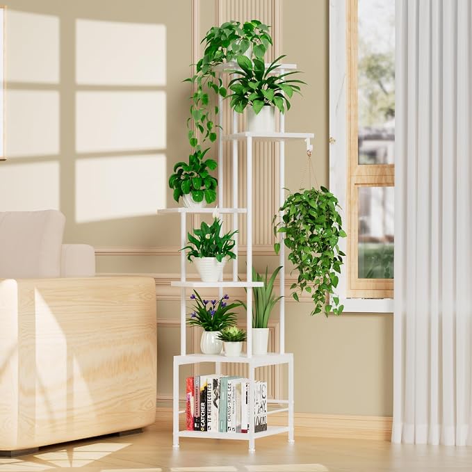 Homsorout Plant Stand Indoor with Grow Light - 6-Tier Metal Plant Shelf with Hanging Basket Hook, Corner Tall Flower Holder for Multiple Plants, Living Room Balcony Garden Patio, White