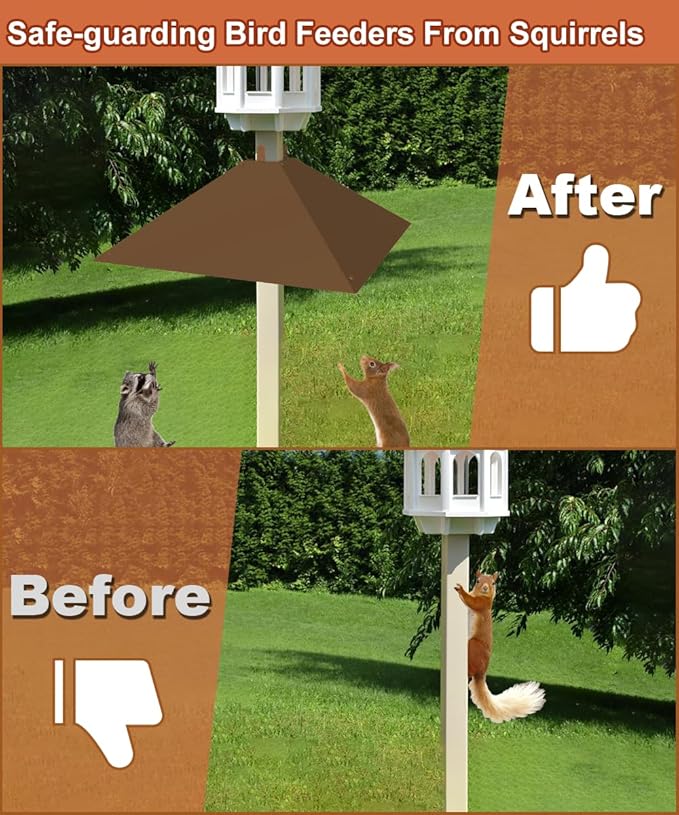 Metal Squirrel Baffle for 4x4 Post, Outside Wooden Pole Mount Squirrel Guards for Bird Feeders, 17 Inch Squirrels Deterrents Stopper to Deter Racoons, Brown, 2pcs, (Patented No.: D1069260)