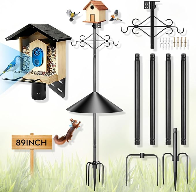 Gbekery 89 inch Double Hooks Heavy Duty Bird Feeder Pole with Squirrel Baffle for Outdoors,5-Prong Base Adjustable Bird House Pole for Smart Camera Birdfeeder,Bluebird House
