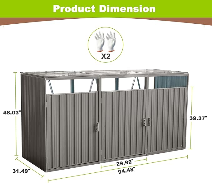 Outdoor Trash Storage Shed Waterproof Garbage Bin Shed Stainless Trash Container Storage for 3 Trash Cans Galvanized Steel Garbage Can Hider for Patio Garden Lawn, Gray