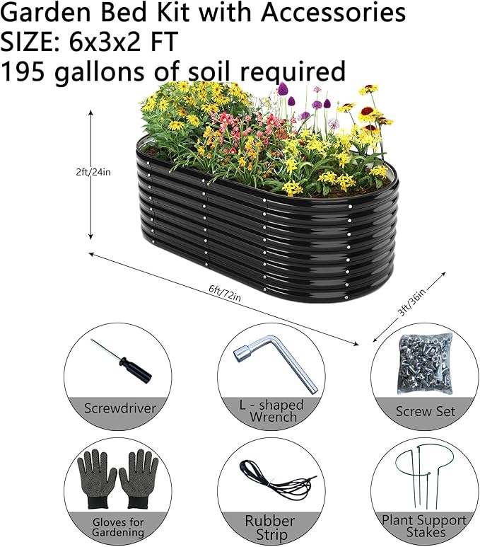ZFHgarden Garden Box Raised Flower Bed Galvanized Metal Planter Round Raised Garden Bed Kit for Gardening Outdoor 1PC Black 6X3X2FT