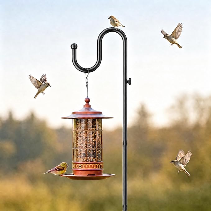 74" Shepherds Hook Stand, Adjustable Wind Chime Stand with Heavy Duty Base, Free Standing Plant Hanger Pole for Bird Feeders, Lanterns, Wreaths & Plants, Indoor Outdoor, Holds Up to 20 LBS, Black
